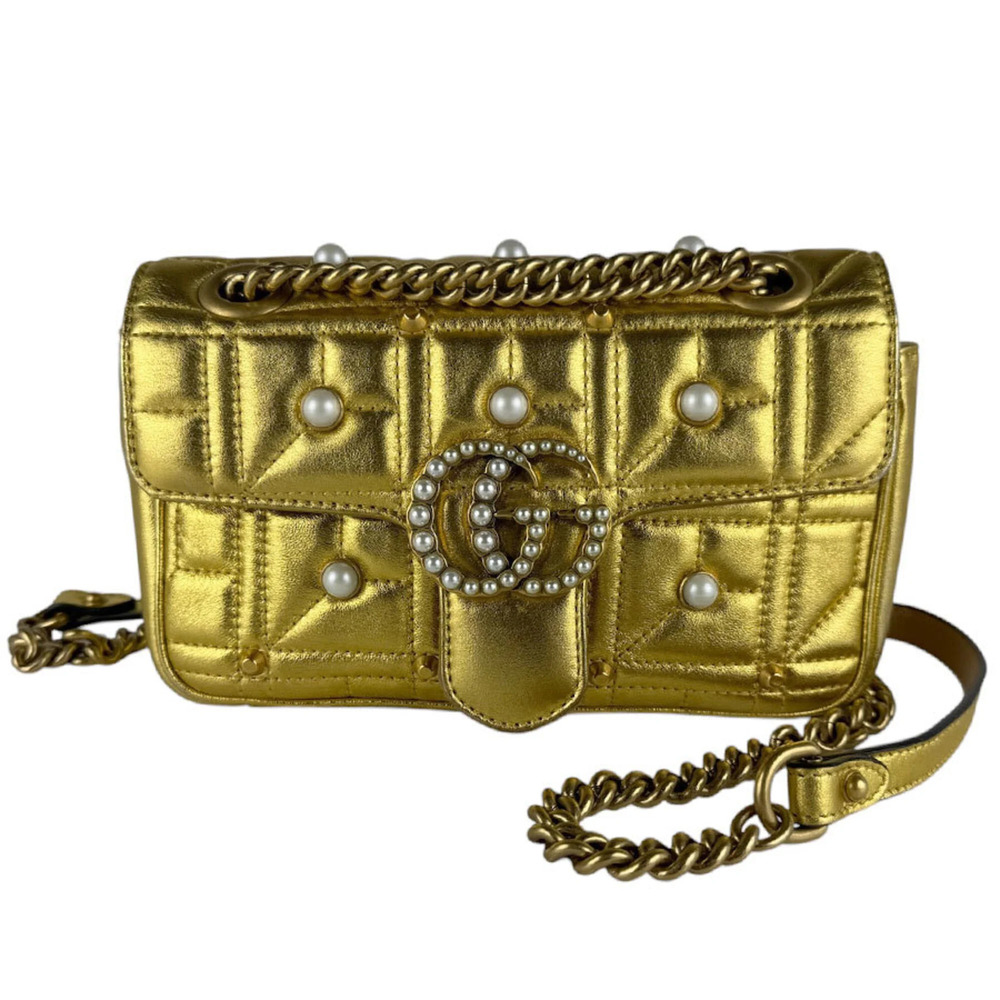 GUCCI Gold Pearl Leather GG Marmont Shoulder Bag